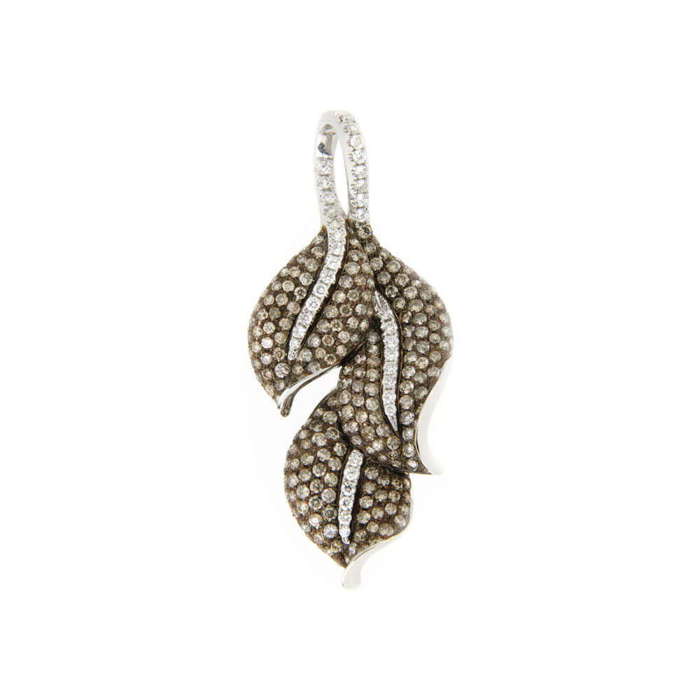 Ornate Leaf - White and Brown Diamond Pendant