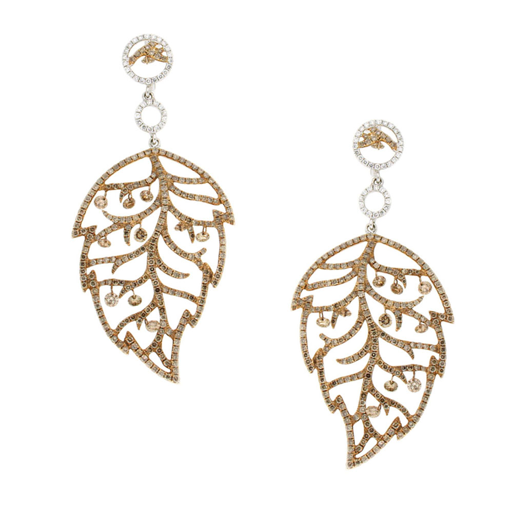 Rose Leaf Filigree Brown Diamond And Gold Earrings