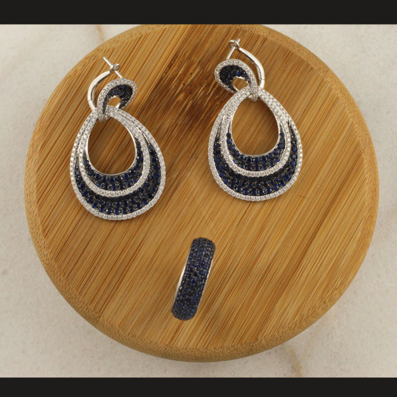Blue Sapphire and White Diamond Oval Earrings