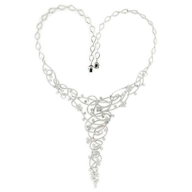Sparkling White Diamond Floral Scroll Necklace