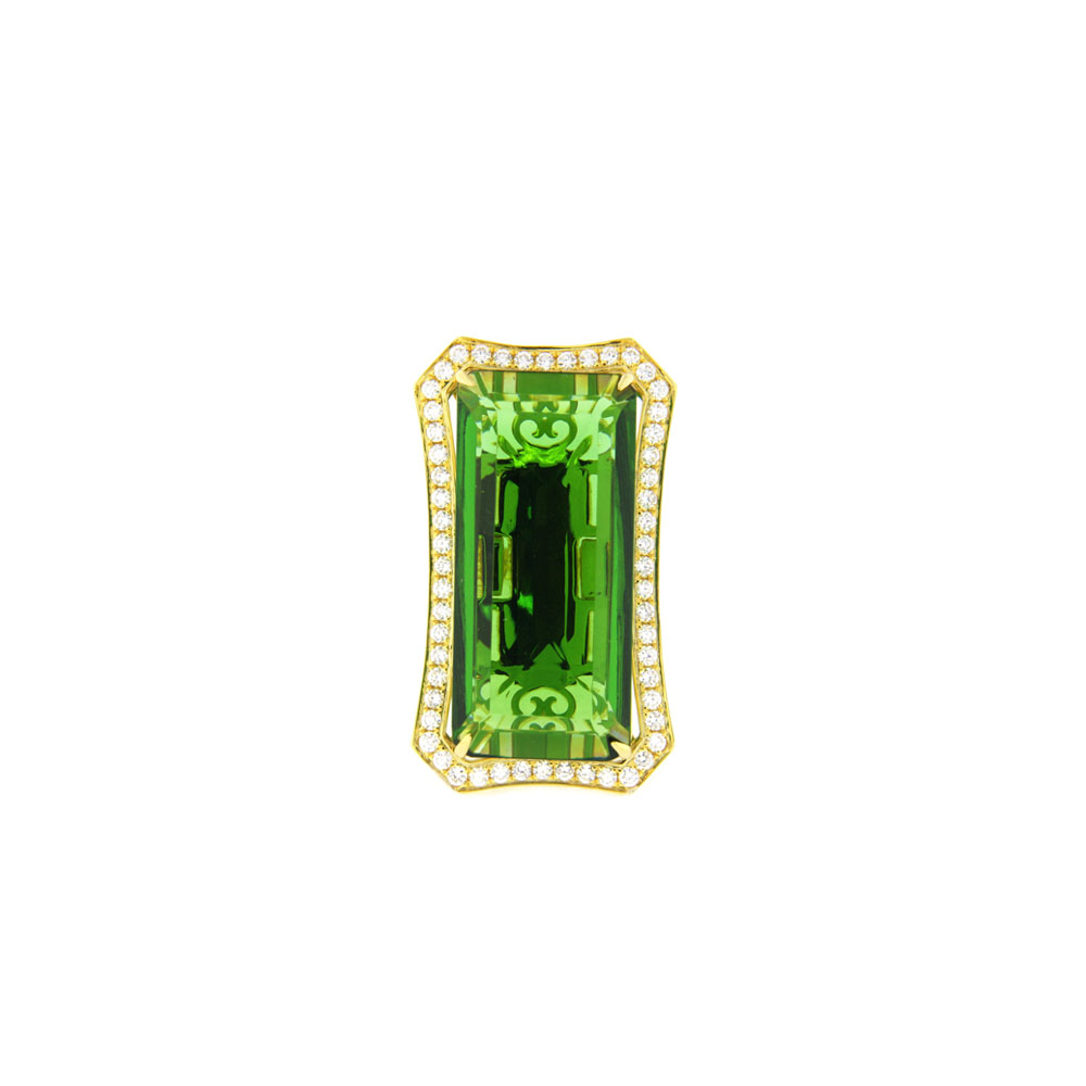 Fancy Diamond And Moldavite Halo Ring