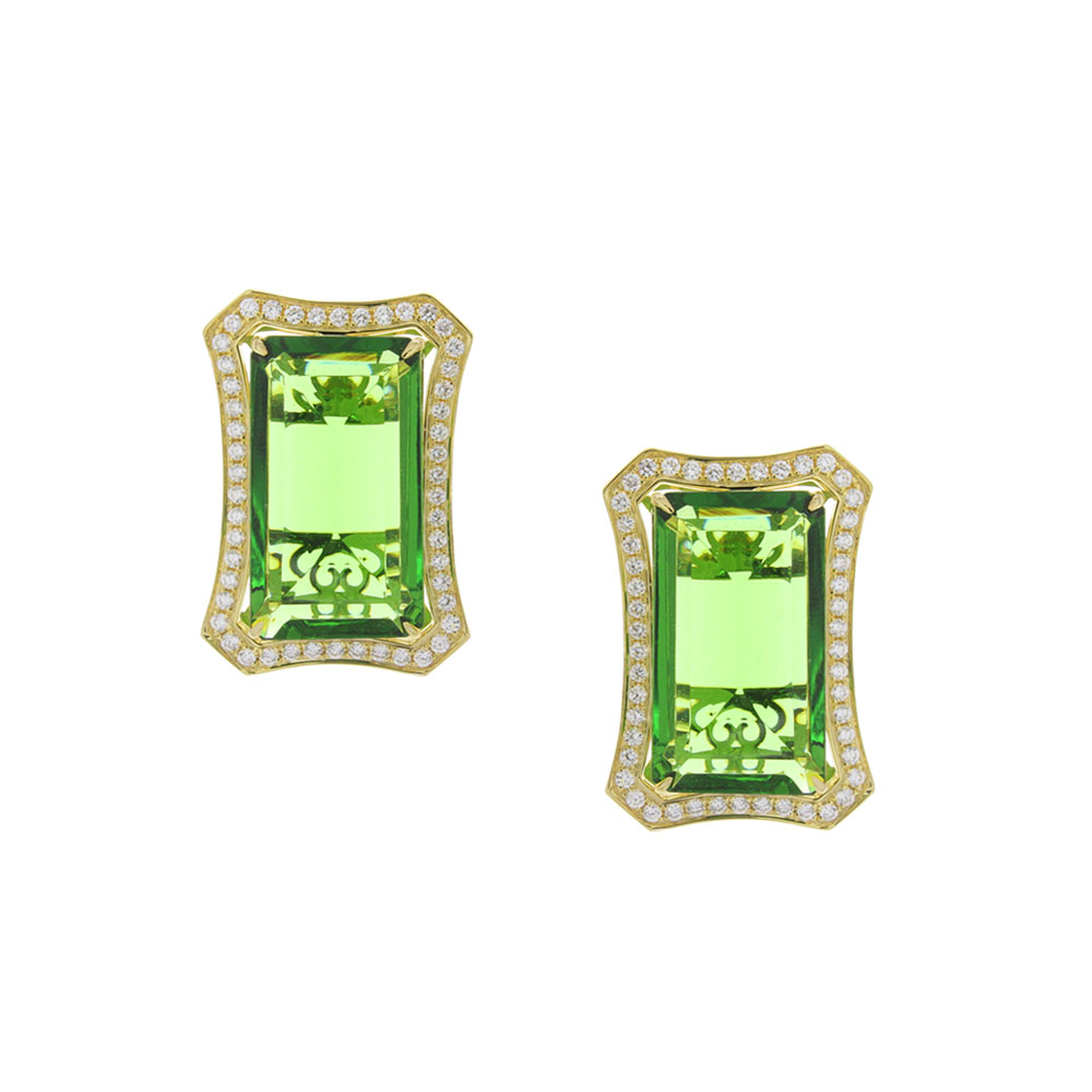 Fancy Diamond And Moldavite Halo Earrings