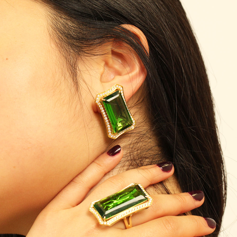 Fancy Diamond And Moldavite Halo Earrings