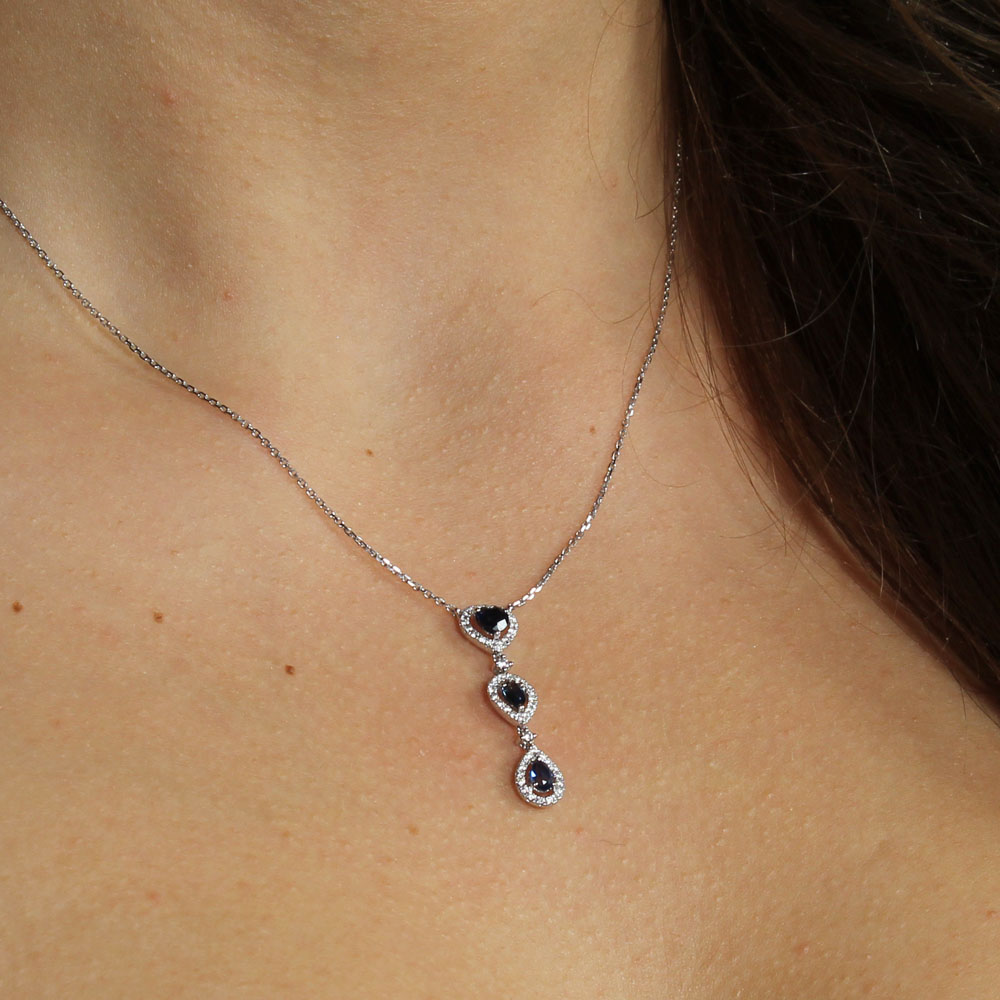 Contemparory Heart & Teadrop Necklace In Blue Sapphire And White Gold