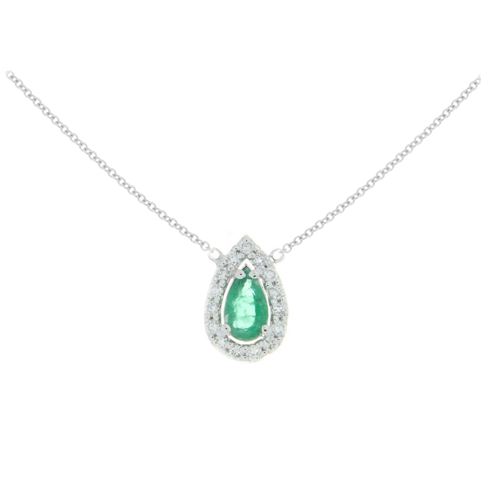Emerald & Diamond Teardrop Necklace In White Gold