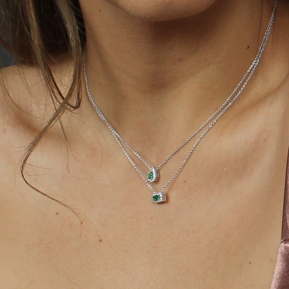 Emerald & Diamond Teardrop Necklace In White Gold