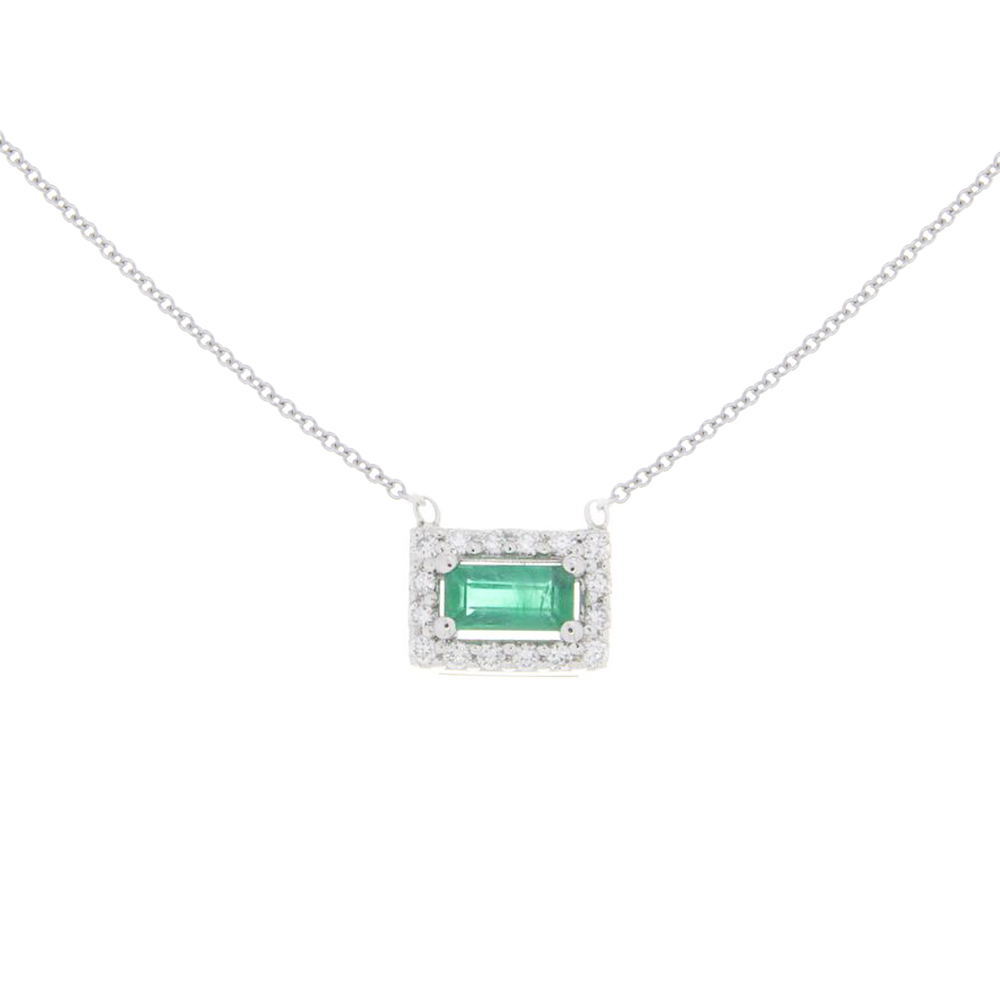 Emerald & Diamond Halo Necklace In White Gold