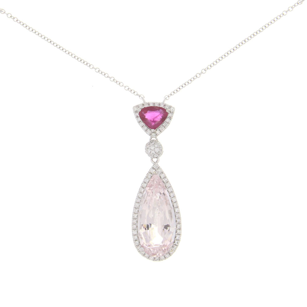Delicate Morganite, Ruby And Diamond Necklace In 14k Gold