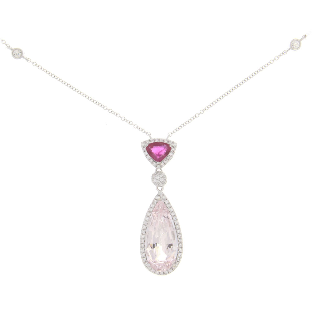 Delicate Morganite, Ruby And Diamond Necklace In 14k Gold