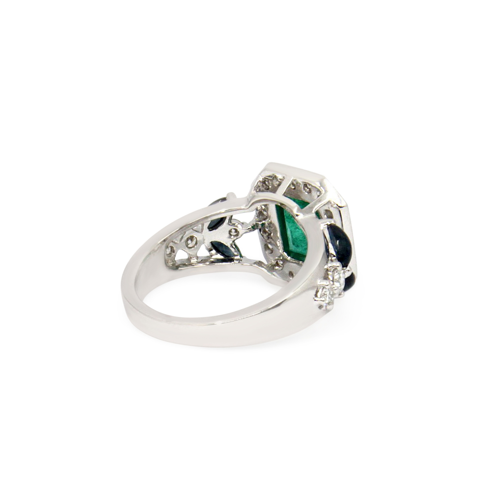 Emerald, Blue Sapphire, And Diamond Ring 