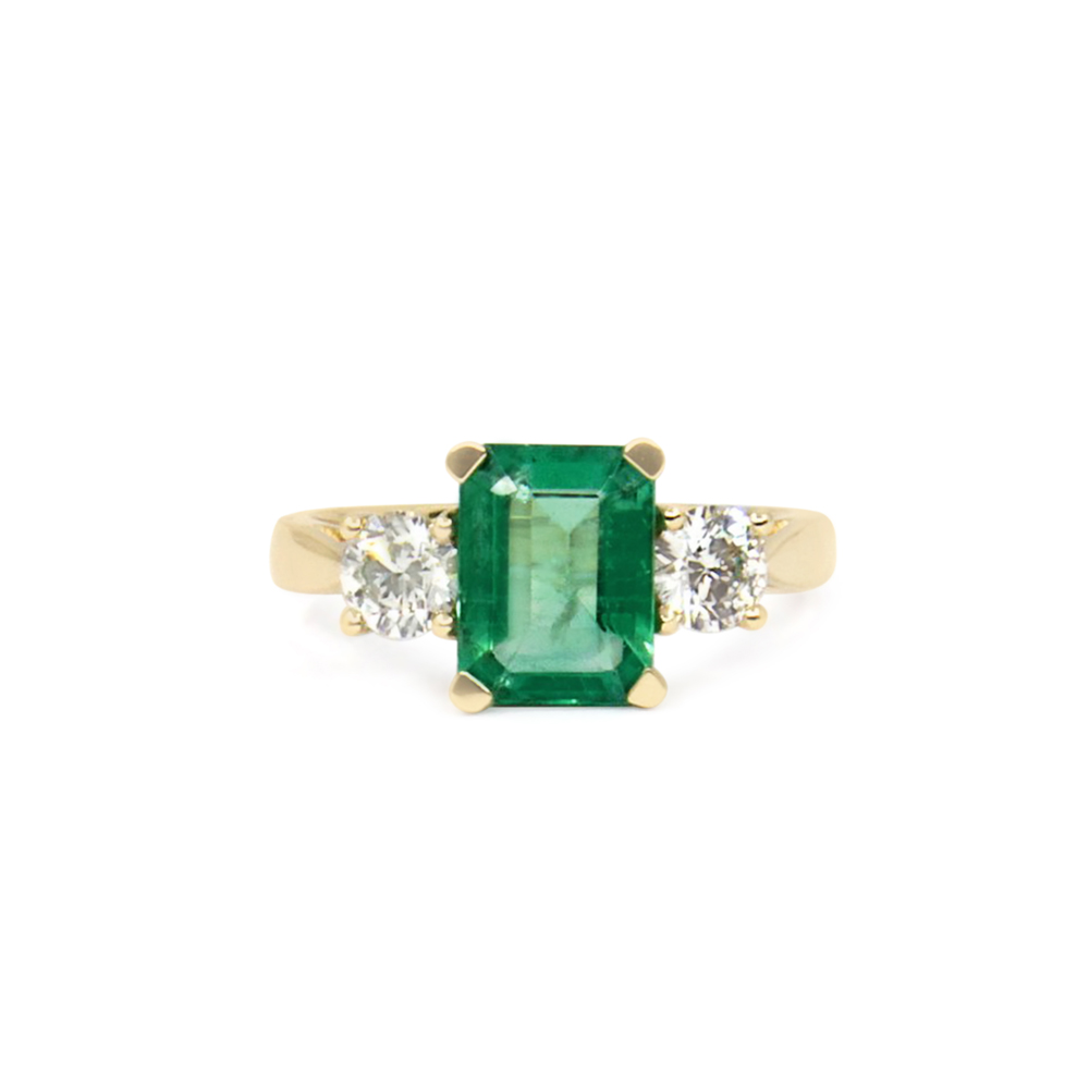 Three Stone Diamond & Emerald Ring In 14K Yellow Gold