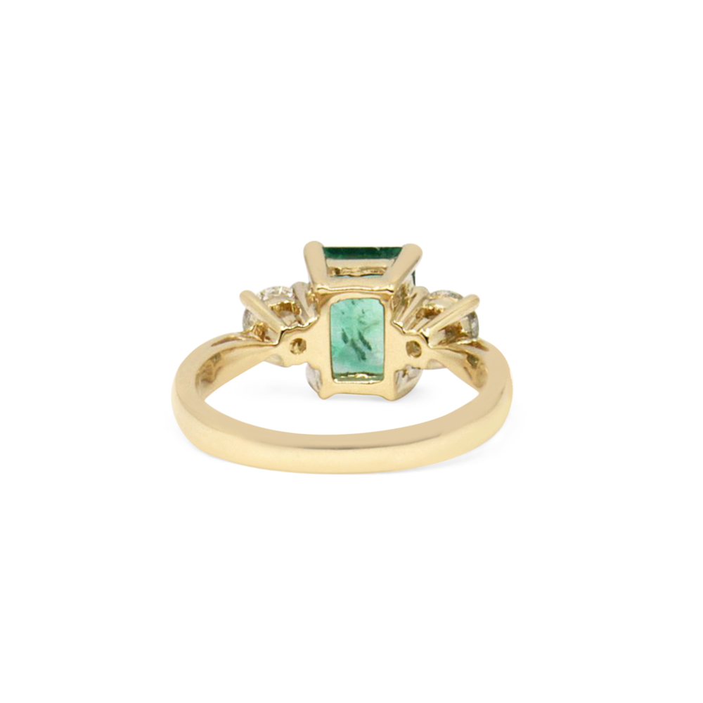 Three Stone Diamond & Emerald Ring In 14K Yellow Gold