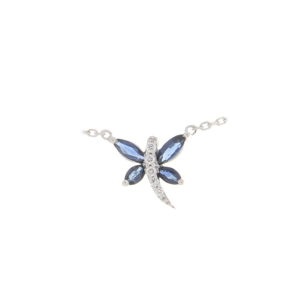 DragonFly , Sapphire & Diamond Necklace In 18K White Gold