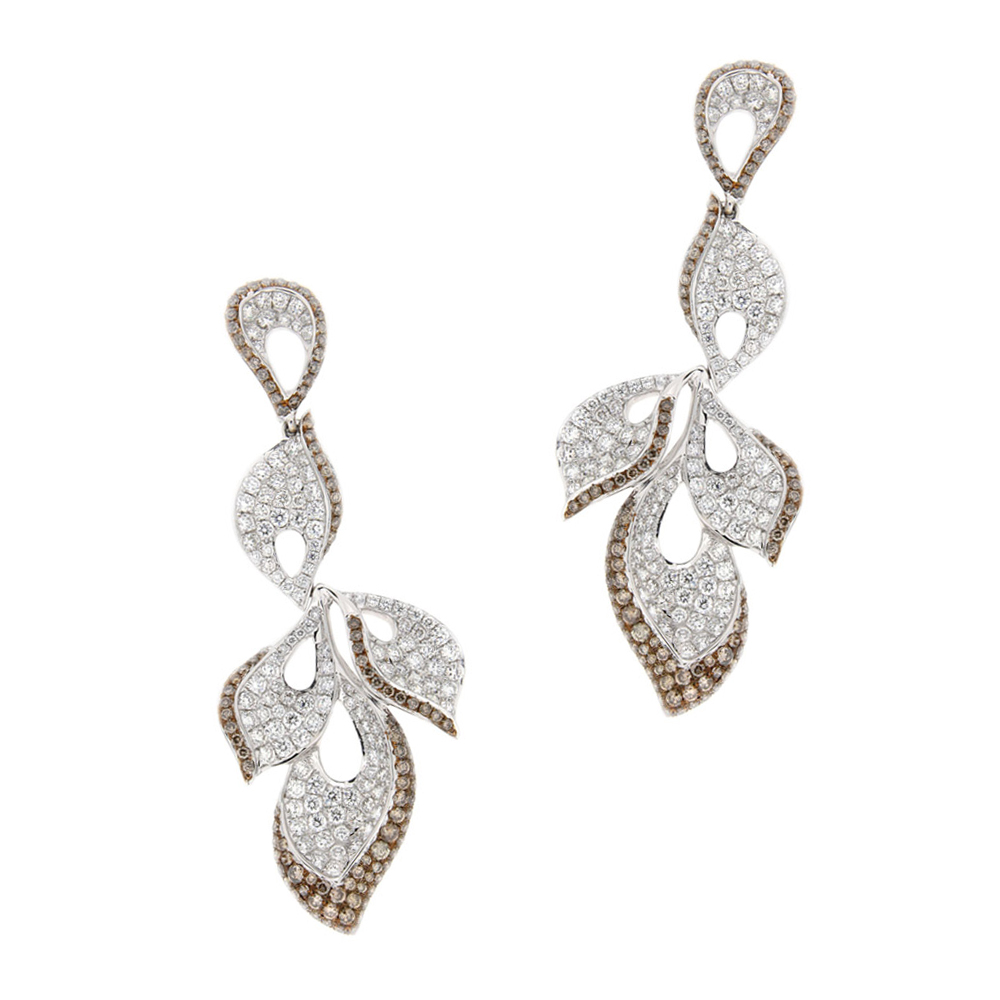 White and Brown Diamond Trio Leaf Earrings