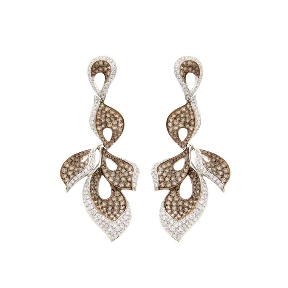 Brown and White Diamond Trio Leaf Earrings